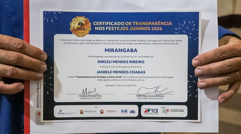 Mirangaba está entre os municípios baianos premiados com o Selo Transparência 2026