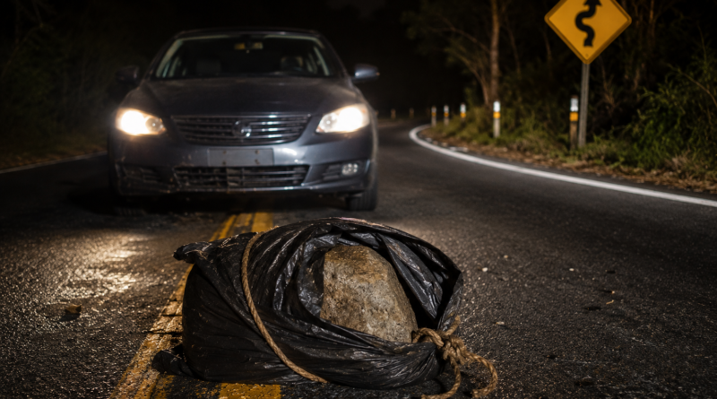 Família passa por susto após carro atingir pedra colocada na pista para provocar assalto na Curva da Galinha